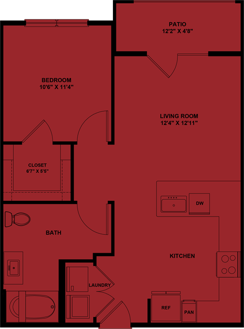 Floor plan for 1 bed, 1 bath, 673 sqft